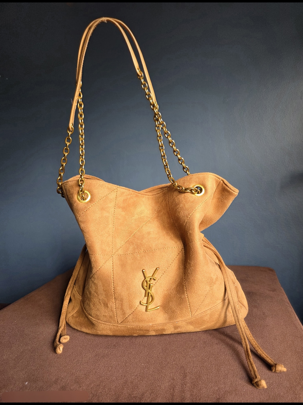 Yves Saint Laurent Camel Suede Drawstring Shoulder Bag with Gold Chain